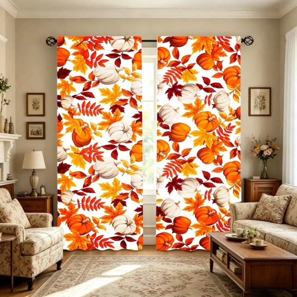 2-piece autumn harvest-themed printed semi-transparent curtains, rod-mounted curtains, suitable for living room, bedroom and home decoration, can be hand-washed