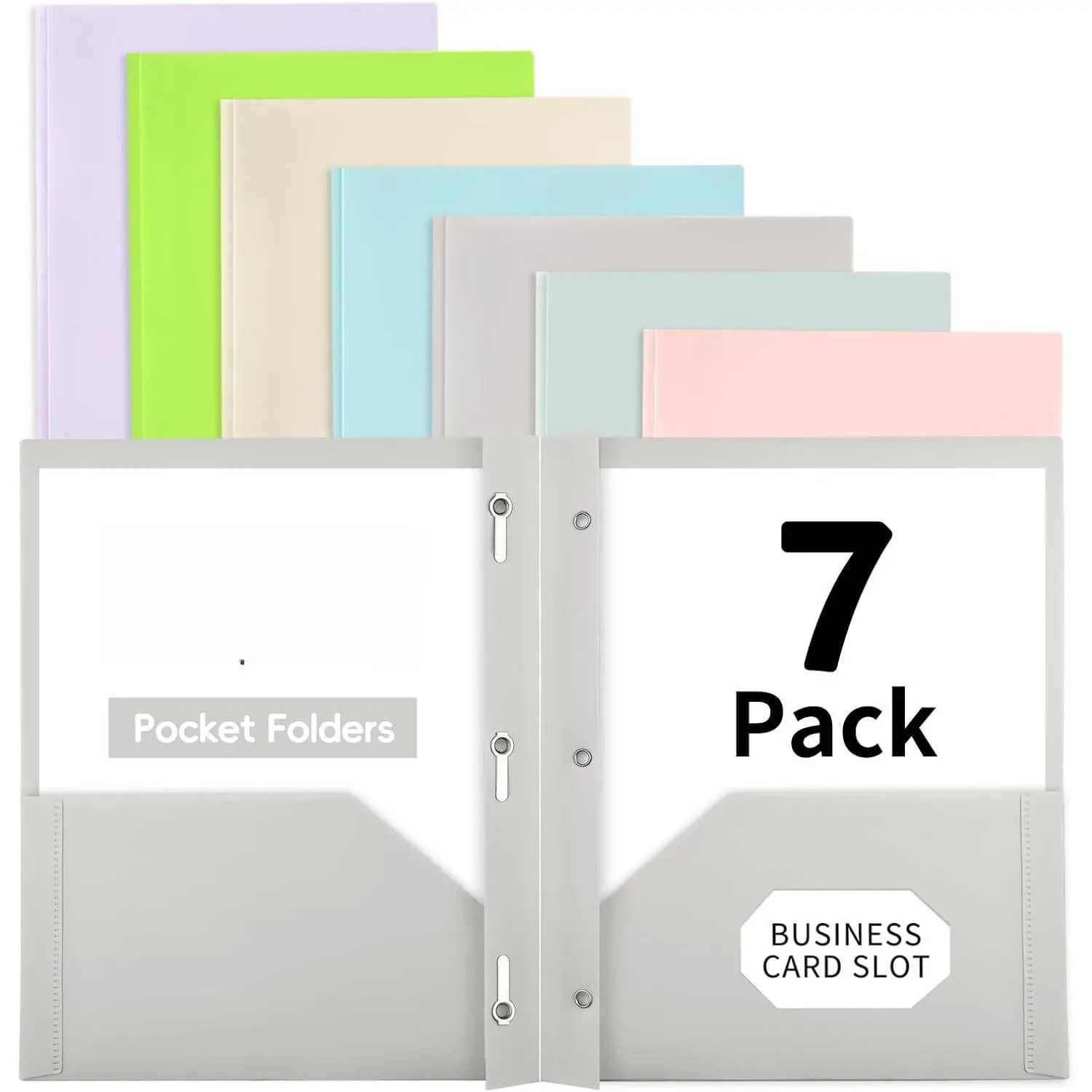 Folders with Pockets and Prongs,7 Pack Heavy Duty Plastic Pocket Folders with 3 Prongs and Business Card Slot,Fit Letter Size Paper, Color for ,School and Office