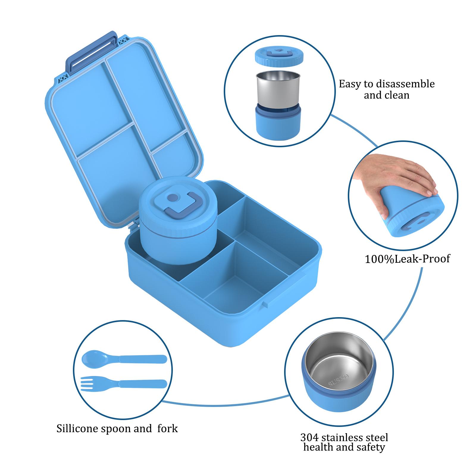 Leak-Proof 4-Compartment Bento Box with Insulated 8 oz Soup Jar | Portable Hot Food Lunch Container with Utensils for School & Travel