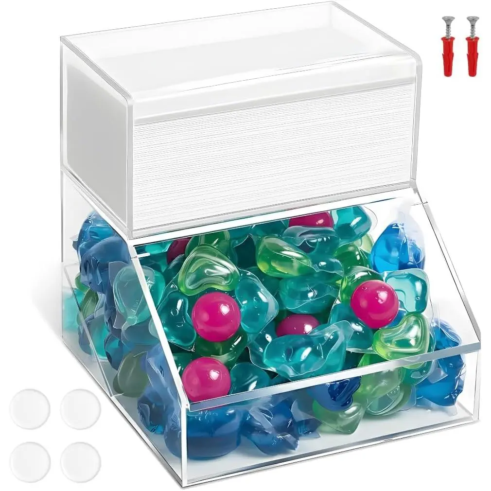2-Compartment  Storage Container, Laundry Pods and Dryer Sheet Dispenser, Clear Dishwasher Pod Holder with Lid