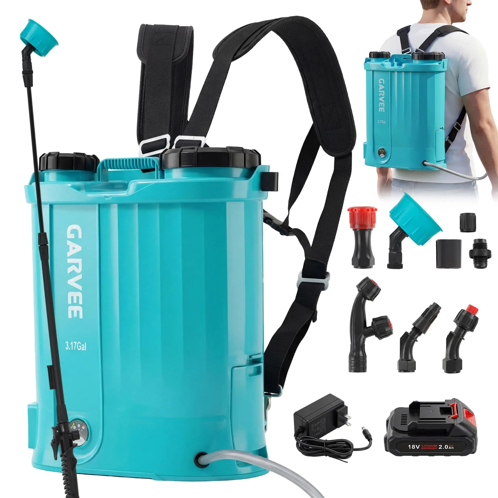 12L (3.17 Gallon) Battery-Powered Backpack Sprayer, 18V 2Ah Lithium Battery, 5 Nozzles, White with Lake Blue