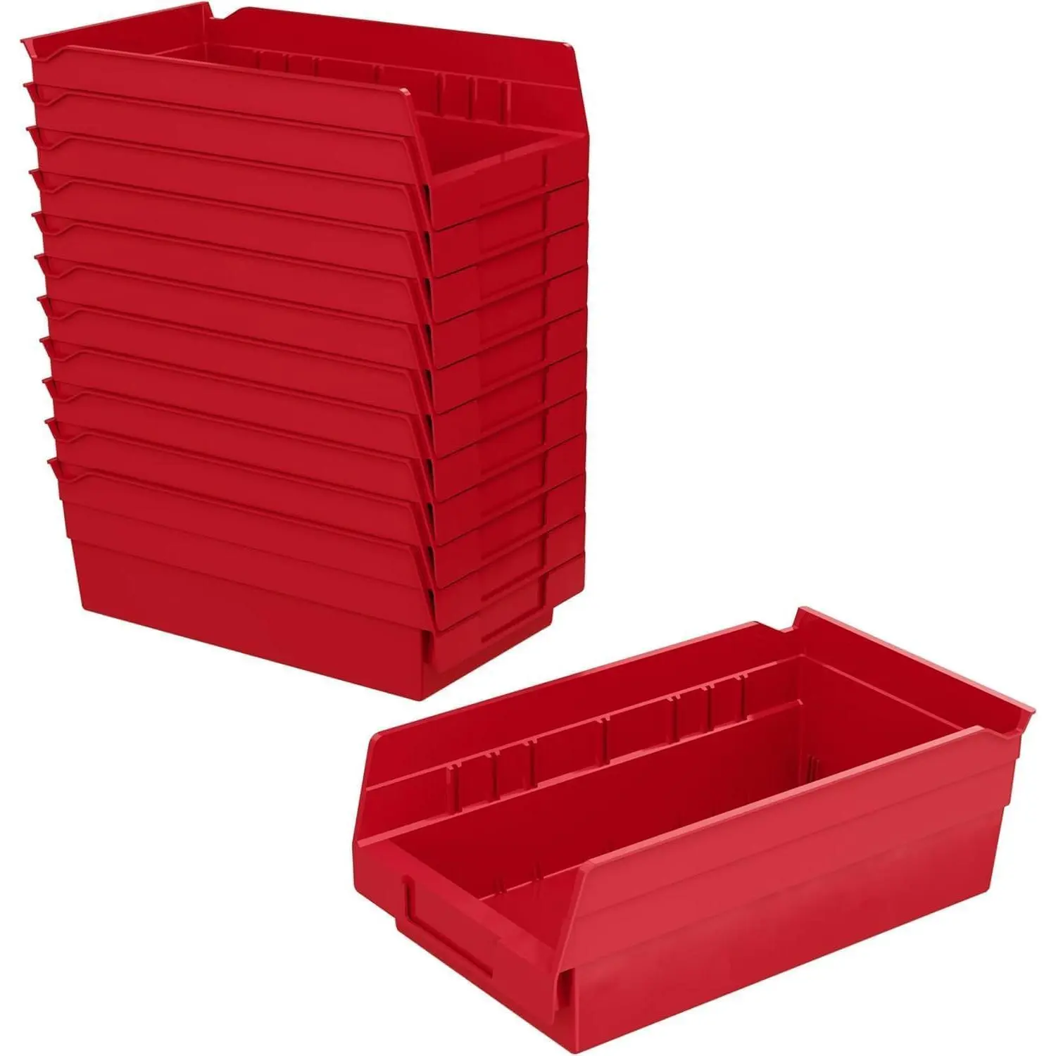 Heavy Duty Plastic Storage Bins, 12" x 6.5" x 4", Red, 12-Pack - Perfect for Garage, Closet, Drawer Organization, Durable Shelf Bins