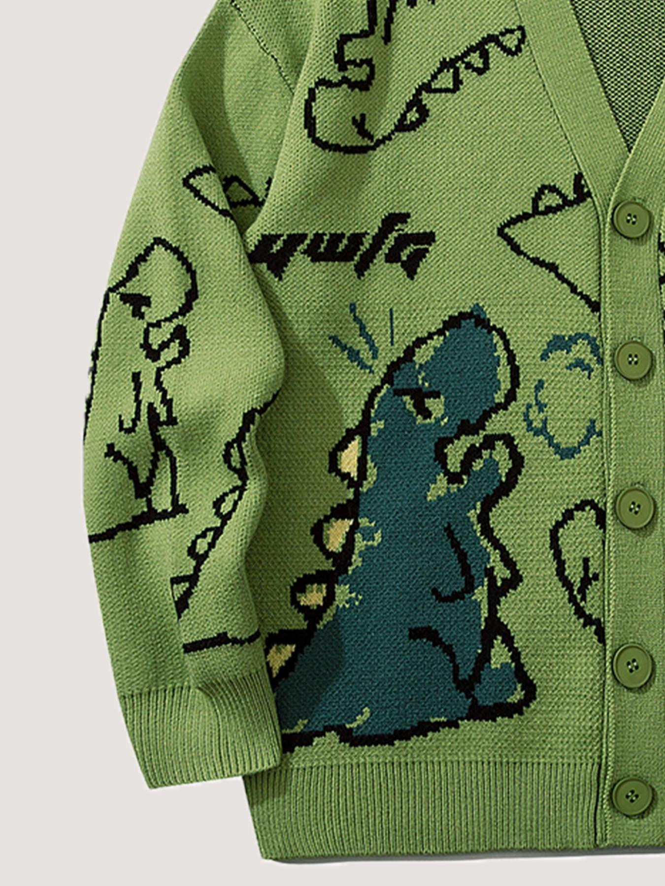 Men's Cartoon Dinosaur Print Pocket Button Front Cardigan, Loose Casual Drop Shoulder Long Sleeve V Neck Knitwear for Spring & Fall, Fashion Men's Knit Clothing for Daily Wear, Cartoon Print Sweater
