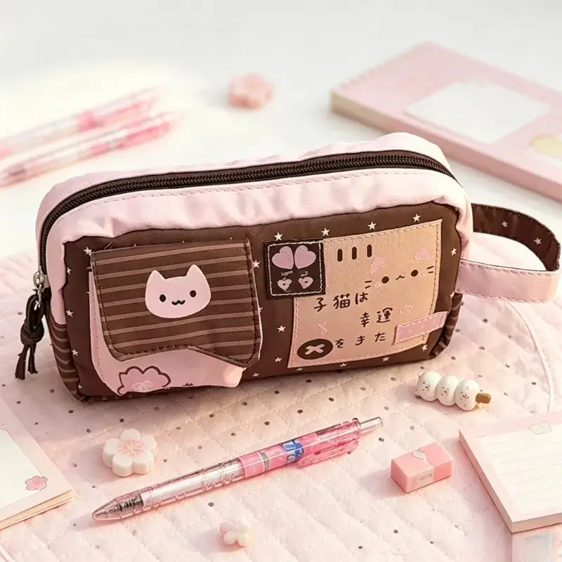 Pink Four-Leaf Clover Cat Pencil Case, Cute Ins Cartoon Large Capacity Multi-Layer Pen Pouch, Kawaii Ita Bag Style Stationery Organizer for Students