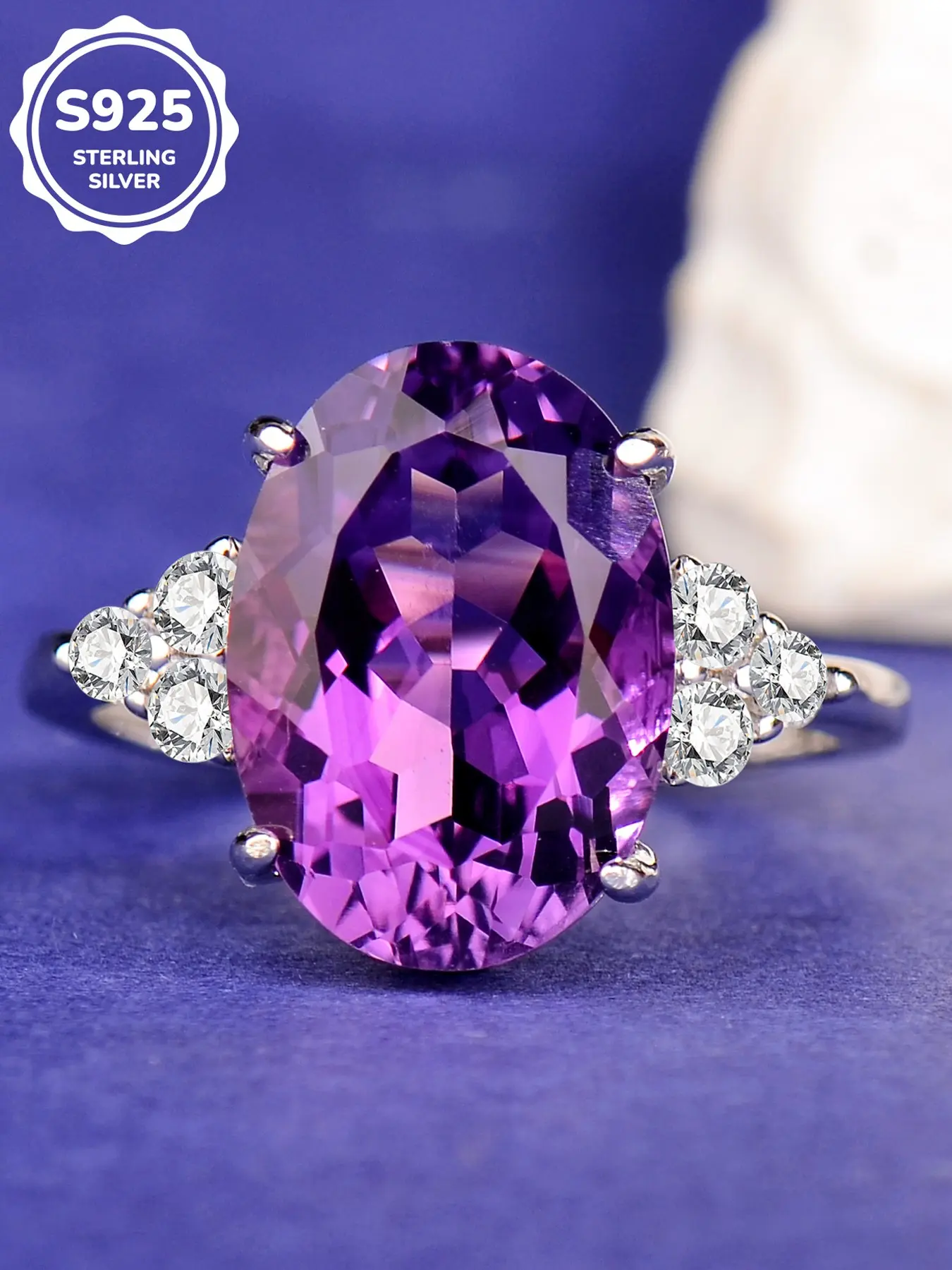 Natural Amethyst Ring for Women, Elegant Silver Color Claw Setting, Daily Wear, Attractive Design, Long-Lasting Shine