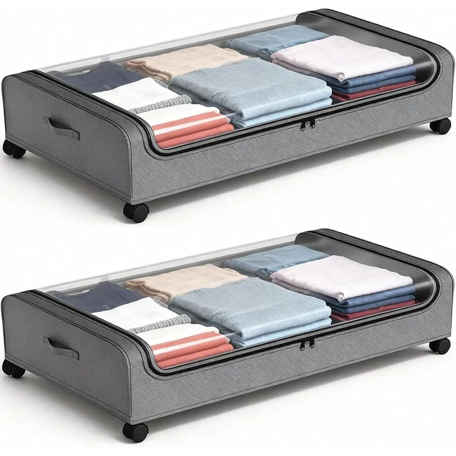 Under Bed Storage with Wheels, 6.7'' Tall Underbed Storage Containers with  - Rolling Bins for Shoes Clothes Blankets (Grey, 2-Pack XXL)