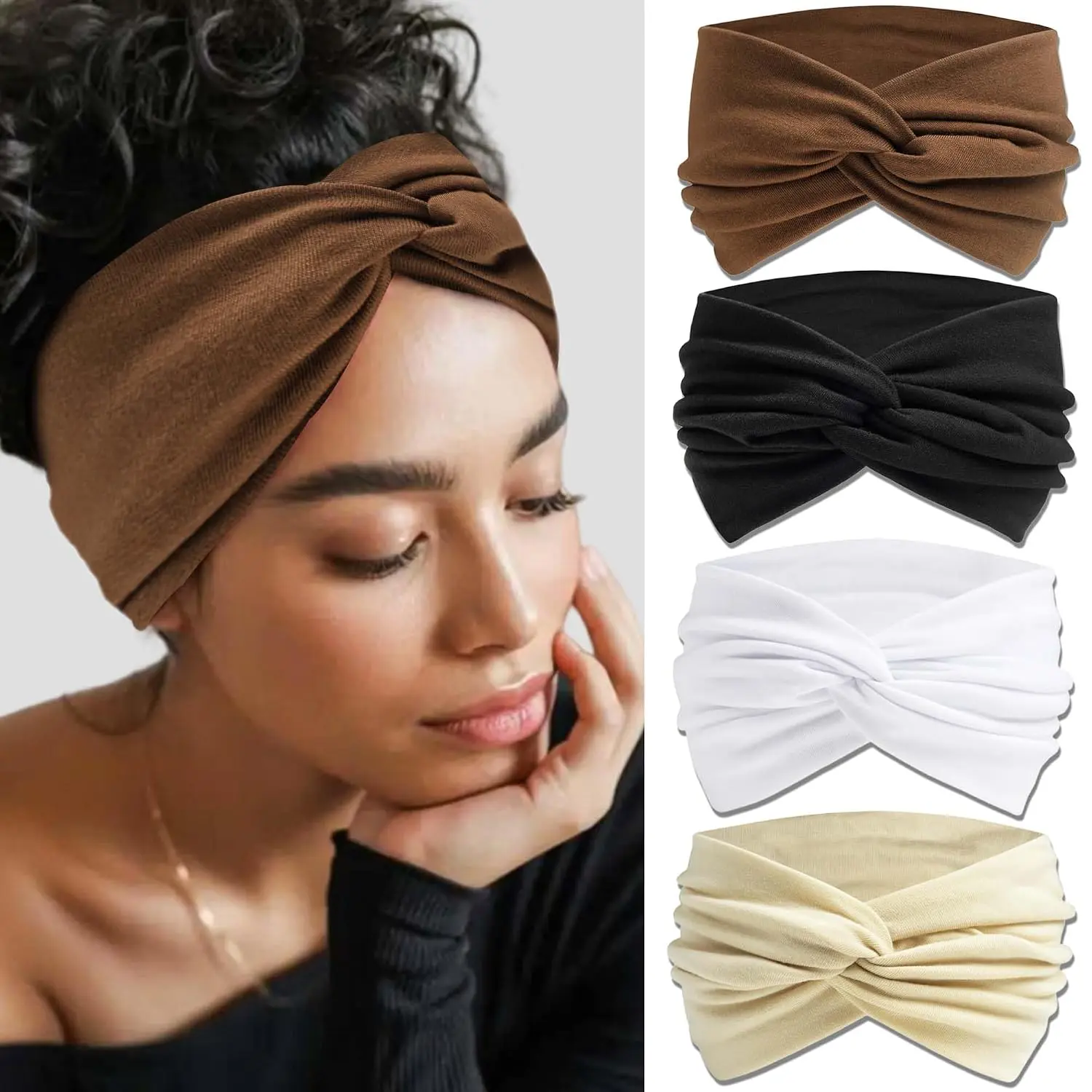 Wide Elastic Headbands For Women Large Non Slip  Wraps 4 count | Knotted Hair Scarf,Black White Brown Cream  Wraps,Soft Workout Sweatbands Hair Accessories For Working