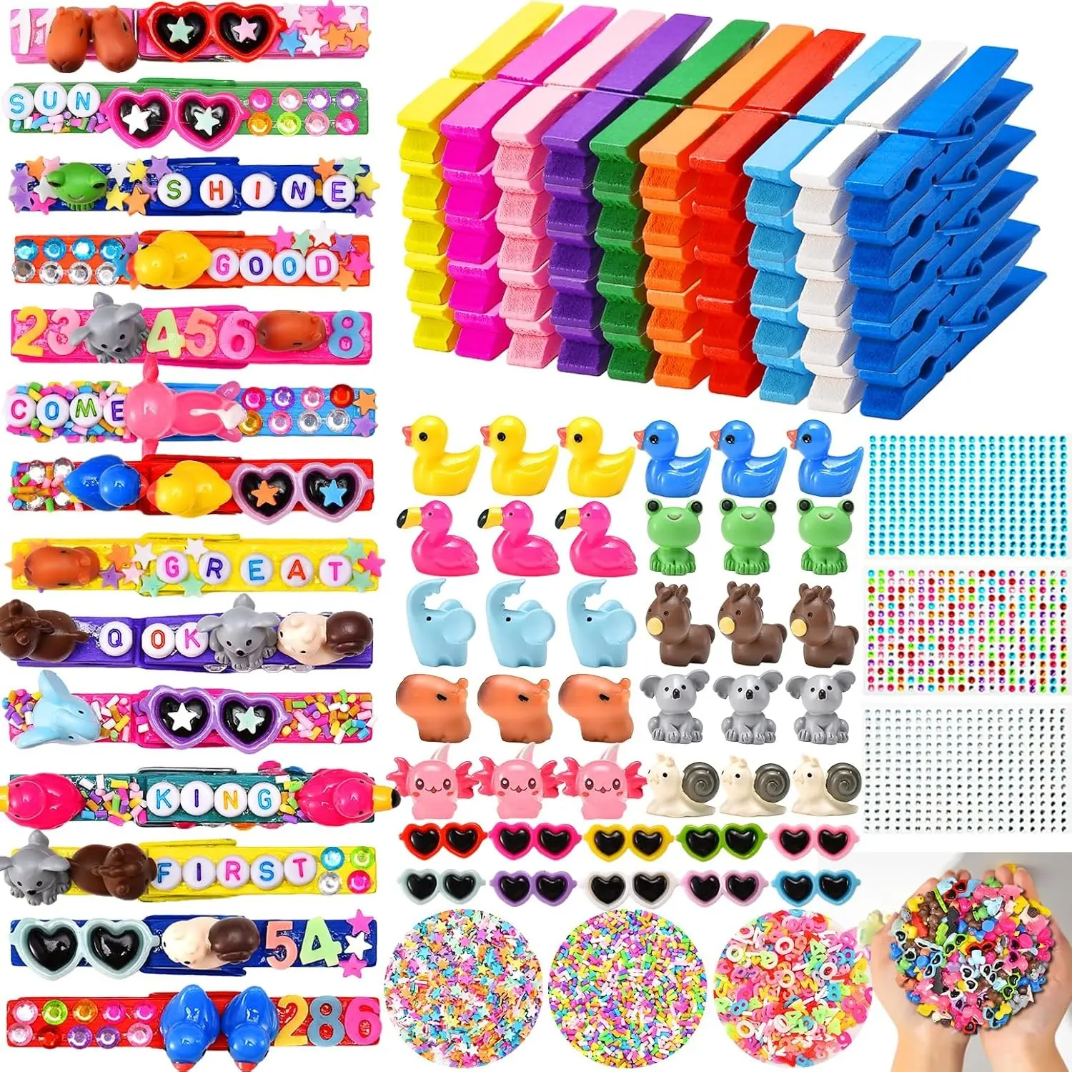 80 Pcs Cheer Pins Spirit Clips Set with 80 Wooden Cheer Colored Clothes Pins, 80 Mini Resin Animals & 200 Letter Beads for Cheerleading Backpacks, Cheer Gifts BulkGift