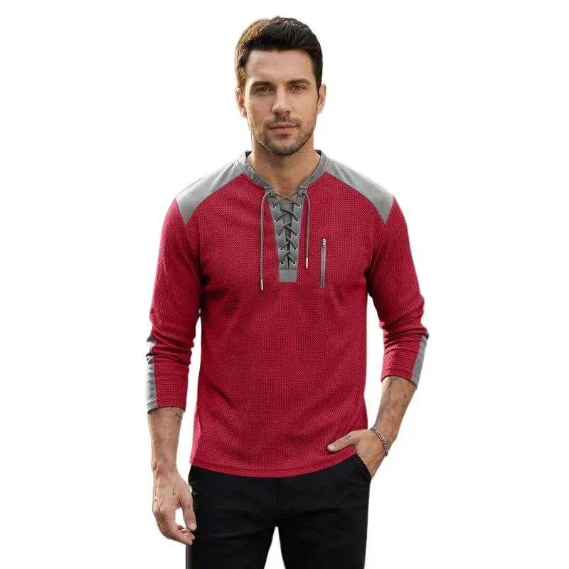 Male Plus Size Color Block Waffle Fabric Drawstring Tie Hoodie - Long Sleeve, Medium Length, Machine Washable Sports Casual Daily Pullover Top