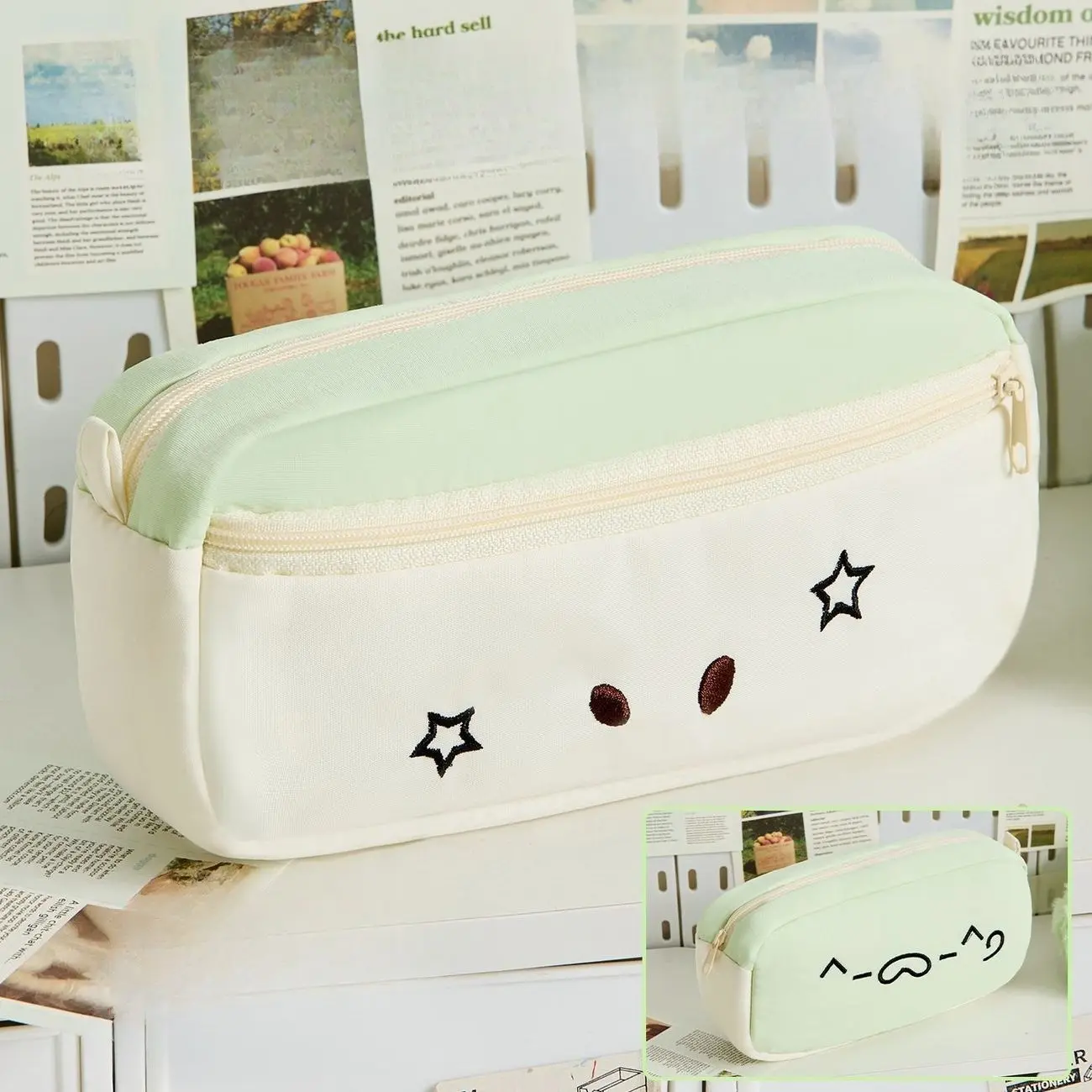 Apple Cat Embroidery Pen Bag, High-Quality Student Stationery Box with Excellent Appearance, Simple and Large Capacity Pencil Box