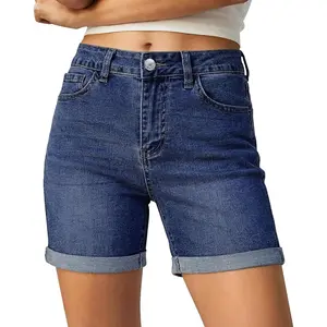Jean Shorts for Women High Waisted Trendy Mid Thigh Long Cuffed Hem Stretchy Denim Shorts Casual Summer Jorts
