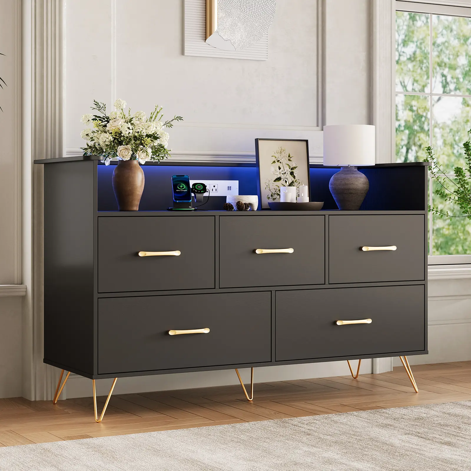 47 Inch Wide Modern 5-Drawer Dresser Only with LED Lights and Charging Station, Wooden Storage Chest Featuring Smooth Drawers, Suitable for Bedroom, Nursery, Hallway and Apartment, Pink, White Optional