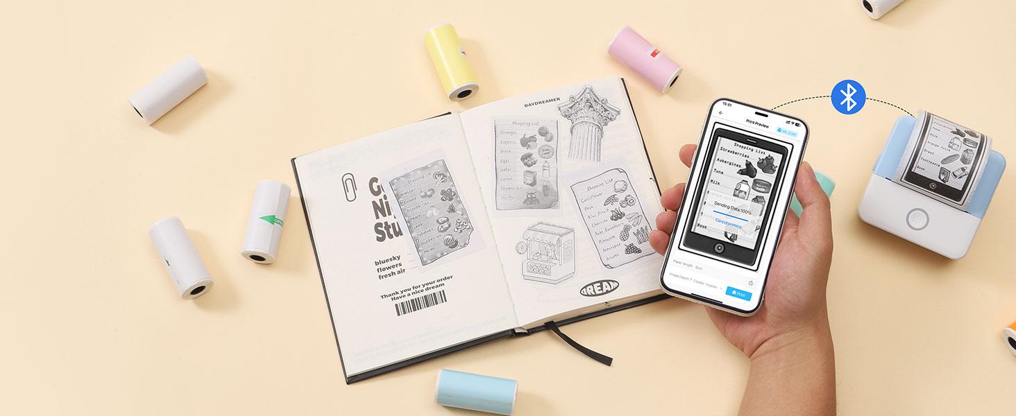 Print Pods Mini Printer, Thermal Inkless Sticker Maker With 10 Rolls Printing Paper, Pocket Printpod For Phone, Portable Printer For Notes, Flashcards, Journal, DIY, Compatible With iOS & Android