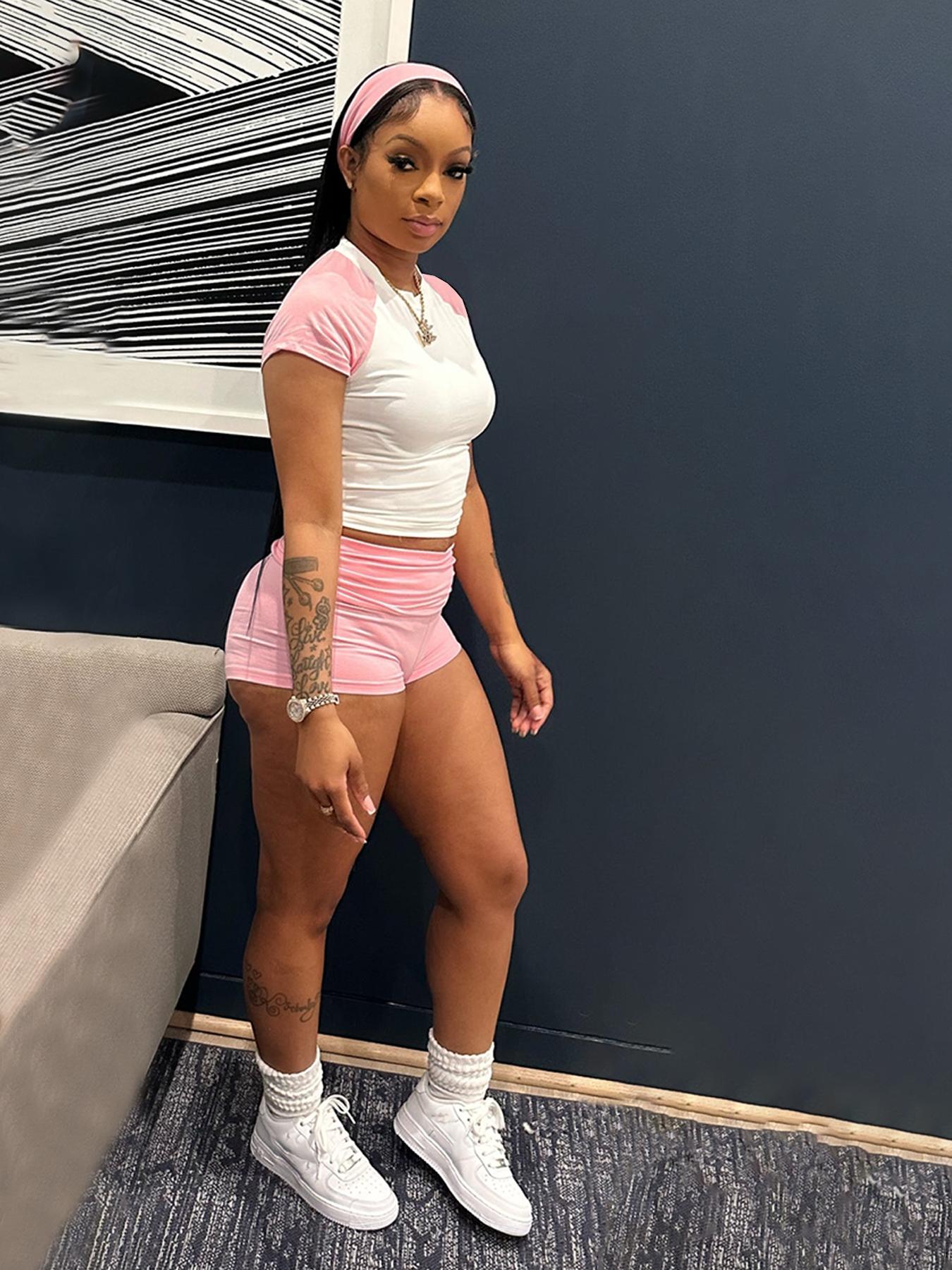 Women's 3-Piece Color Block Round Neck Short-Sleeve T-Shirt & High-Waisted Shorts & Headband Sporty Set, Casual Streetwear, Casual Sportswear Set, Casual Sportswear Outfit
