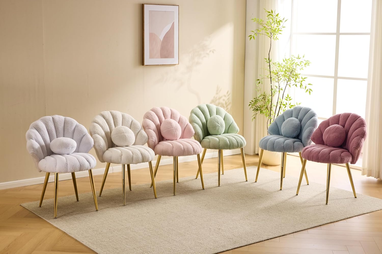 VINGLI Shell-Shaped Teddy Fleece Accent Vanity Chair with Back,Comfy Desk Chair No Wheels,Cute Small Pearl Deco Pillow,Gift for Girls/Women,for Makeup,Office,Dining,Nail,Sewing,Bedroom