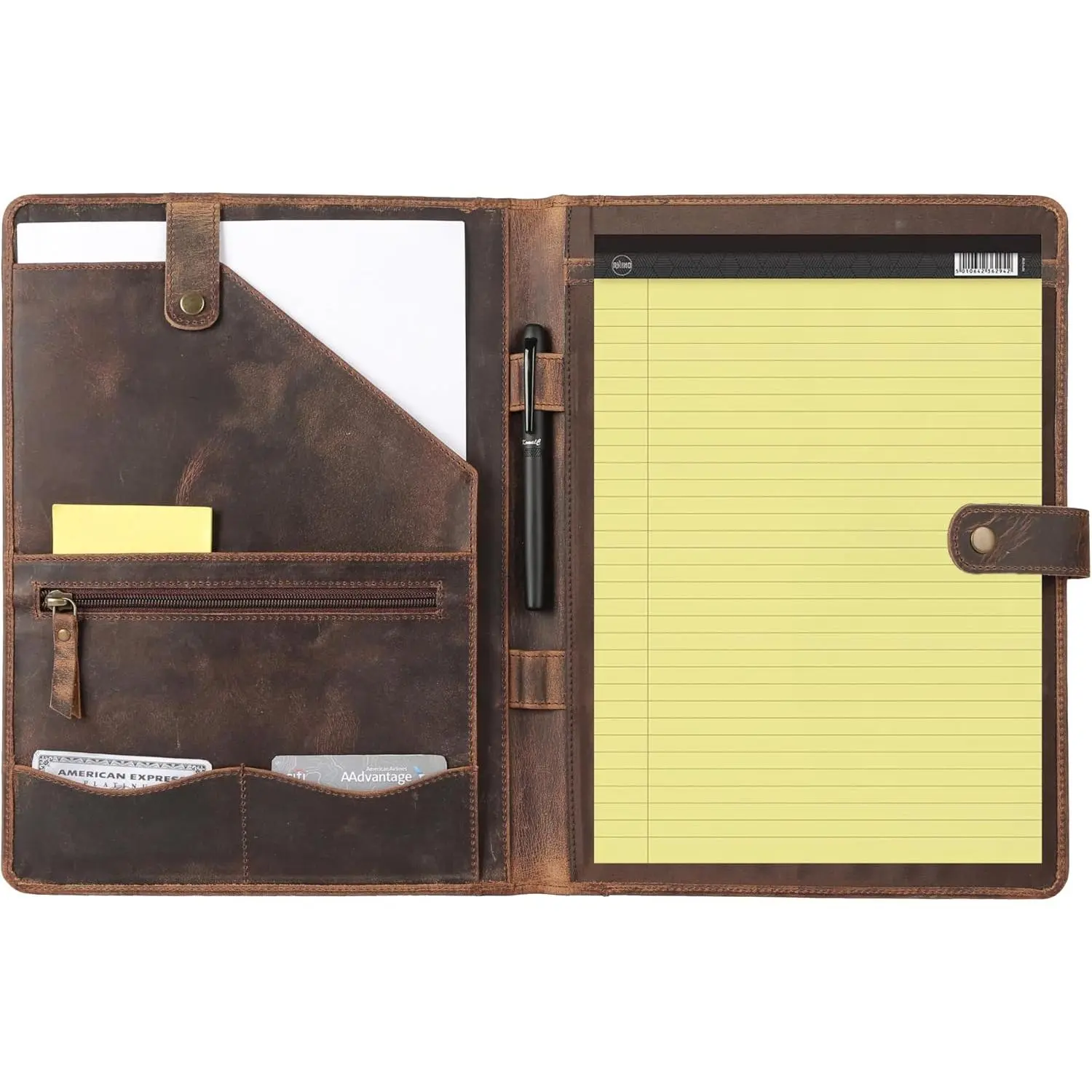Leather Portfolio Folder with Luxury Pen and Button Closure | Business Padfolio for Professionals |  Organizer with Legal Pad Holder & Card Slots (Distressed Tan)