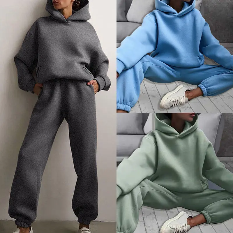 Solid Color Kangaroo Pocket Hooded Sweatshirt Drawstring Jogger Pants Women Casual Two Piece Outfit Tracksuit