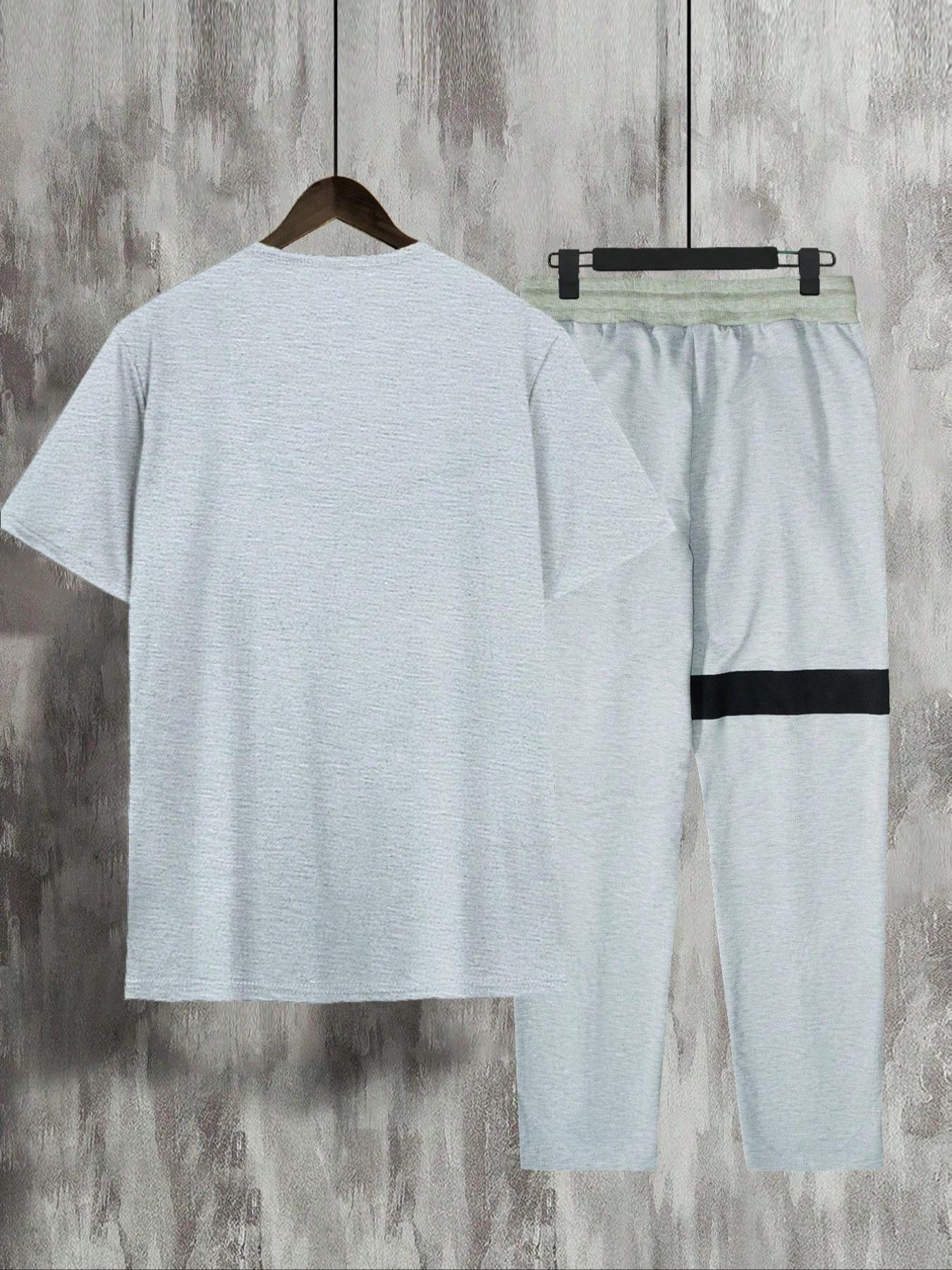 Two Counts Men's Patchwork Colorblock Print Pocket Pants Set, Casual Short Sleeve Fitted Crewneck Round Neck Jersey Tee & Drawstring Waist Pants Casual Trousers, Men's 2 Piece Set, T Shirt Set, Fashion Men's Outfits For Summer, Clothing, Menswear