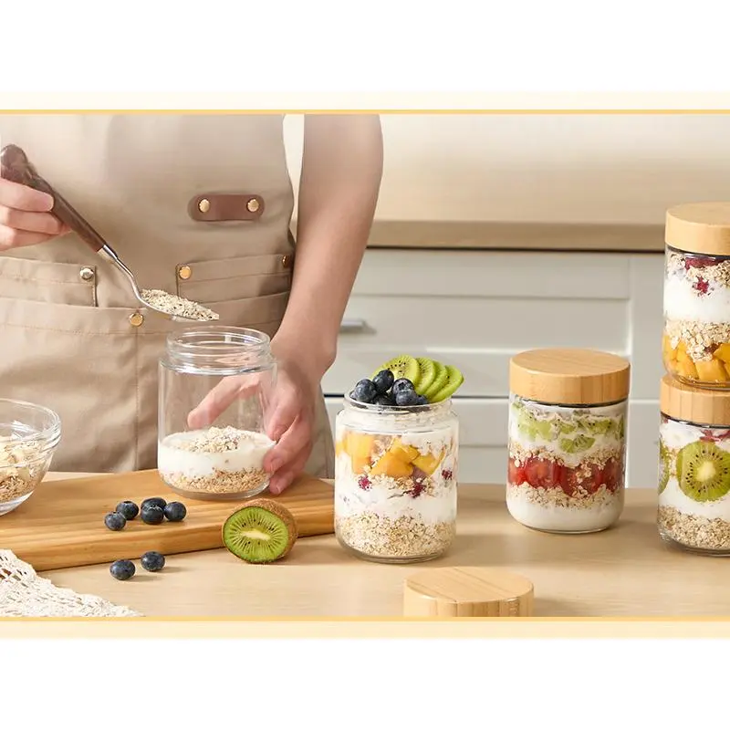YFMHK 6pcs-16oz Glass Overnight Oats Containers with Bamboo Lids - Airtight, Leak-Proof, Wide-Mouth Kitchen Food Prep Jars, Reusable Glass-Lidded Storage Bottles & Jars for Meal Prep Snacks, Reusable Kitchen Storage Solutions