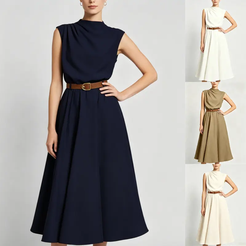 Summer high-neck sleeveless dress with one-side ruching (comes with belt)