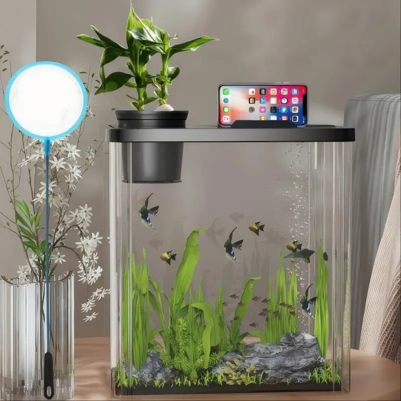 2.5 Gal Starter Fish Tank Kit – LED Light, Air Pump, Hydroponic Planter & Decor – 7 Pcs  Plastic Desktop Aquarium for Betta, Goldfish, Shrimp