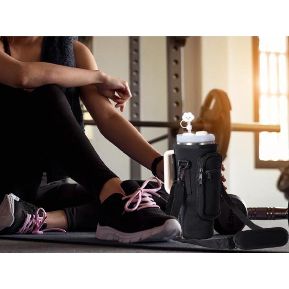 Water Bottle Carrier Bag with Phone Pocket for Stanley 40/30 oz Tumbler, Neoprene Water Bottle Holder Pouch with Adjustable Strap, Straw Cover & Carabiner, Ideal New Year & Valentine's Day Gift