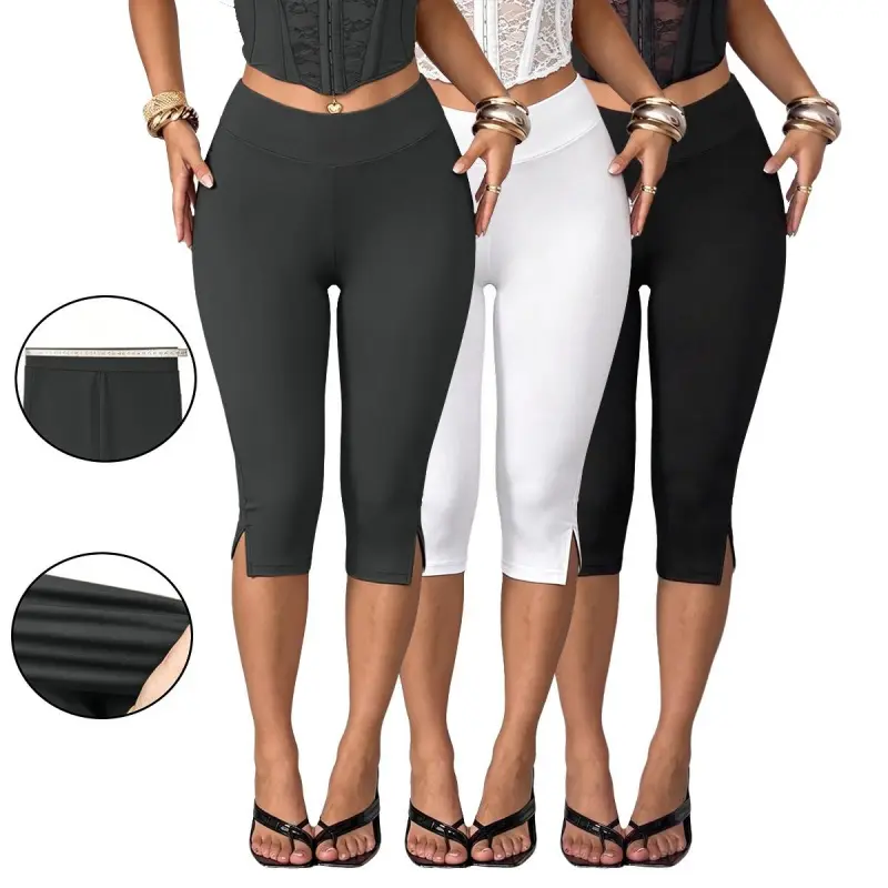 3 Pack Women High Waist Split Hem Capri Leggings Elastic Slim Fit Yoga Workout Daily Outdoor Dressy Activewear Cropped Pants