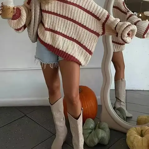 Women's Striped Round Neck Long Sleeve Loose Oversized Knitted Sweater, Casual Fall Winter Colorblock Pullover, Halloween Aesthetic Fashion Design, Elegant Women's Clothing, Knitwear, Cozy Fall Pullover