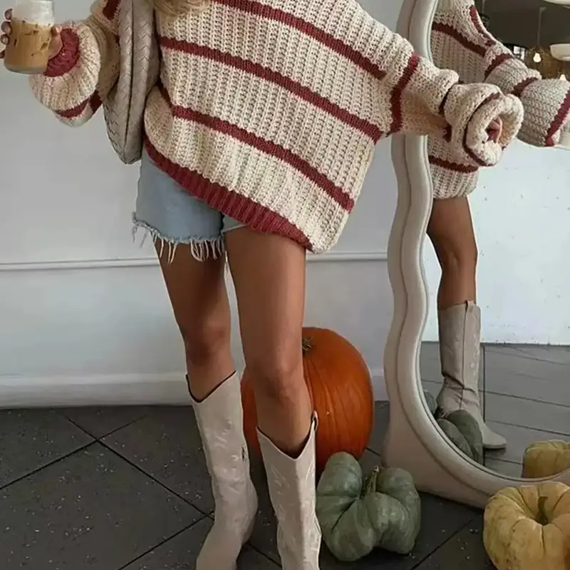 Women's Striped Round Neck Long Sleeve Loose Oversized Knitted Sweater, Casual Fall Winter Colorblock Pullover, Halloween Aesthetic Fashion Design, Elegant Women's Clothing, Knitwear, Cozy Fall Pullover