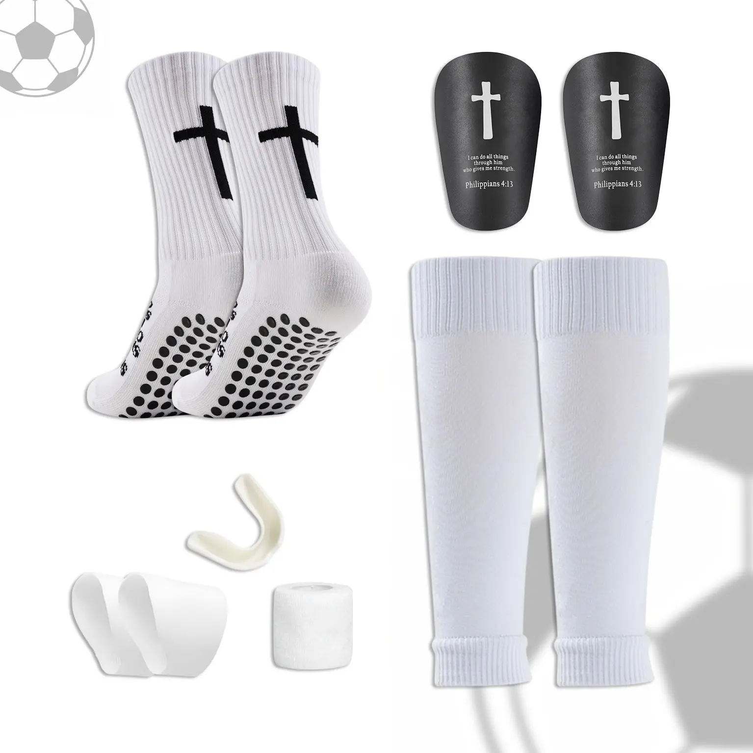 6-Piece Unisex Soccer Gear Set, Sports Socks, Leg Guards, Training Insoles, Bandages, Mouthguards, Shoe Covers, Outdoor Training, Football Equipment, Football Accessories