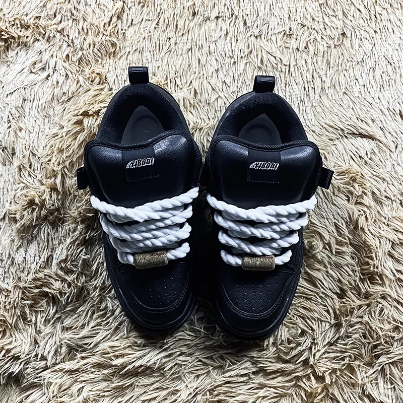 All Black Faux Leather Platform Skate Sneakers for Men Women, Oversized Chunky White Twisted Rope Laces Cork Lace Lock Minimal Y2K Hip Hop Low Top Casual Board Shoes