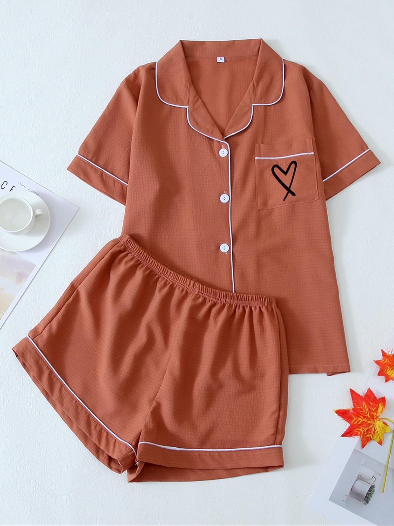 Women's Cartoon Bear Print Lapel Pocket Shirt & Elastic Waist Shorts Loungewear Set, Button Front Short Sleeve Top & Shorts PJ Set, Casual Comfy Pyjama Set Homewear for Women