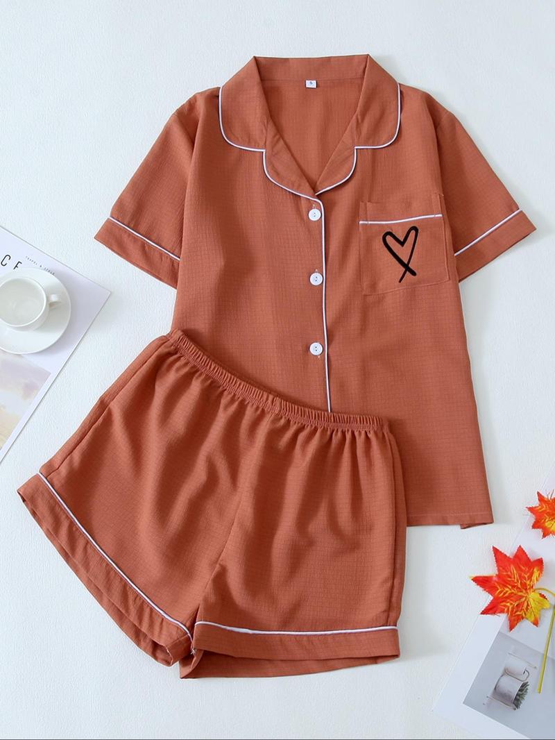 Women's Cartoon Bear Print Lapel Pocket Shirt & Elastic Waist Shorts Loungewear Set, Button Front Short Sleeve Top & Shorts PJ Set, Casual Comfy Pyjama Set Homewear for Women