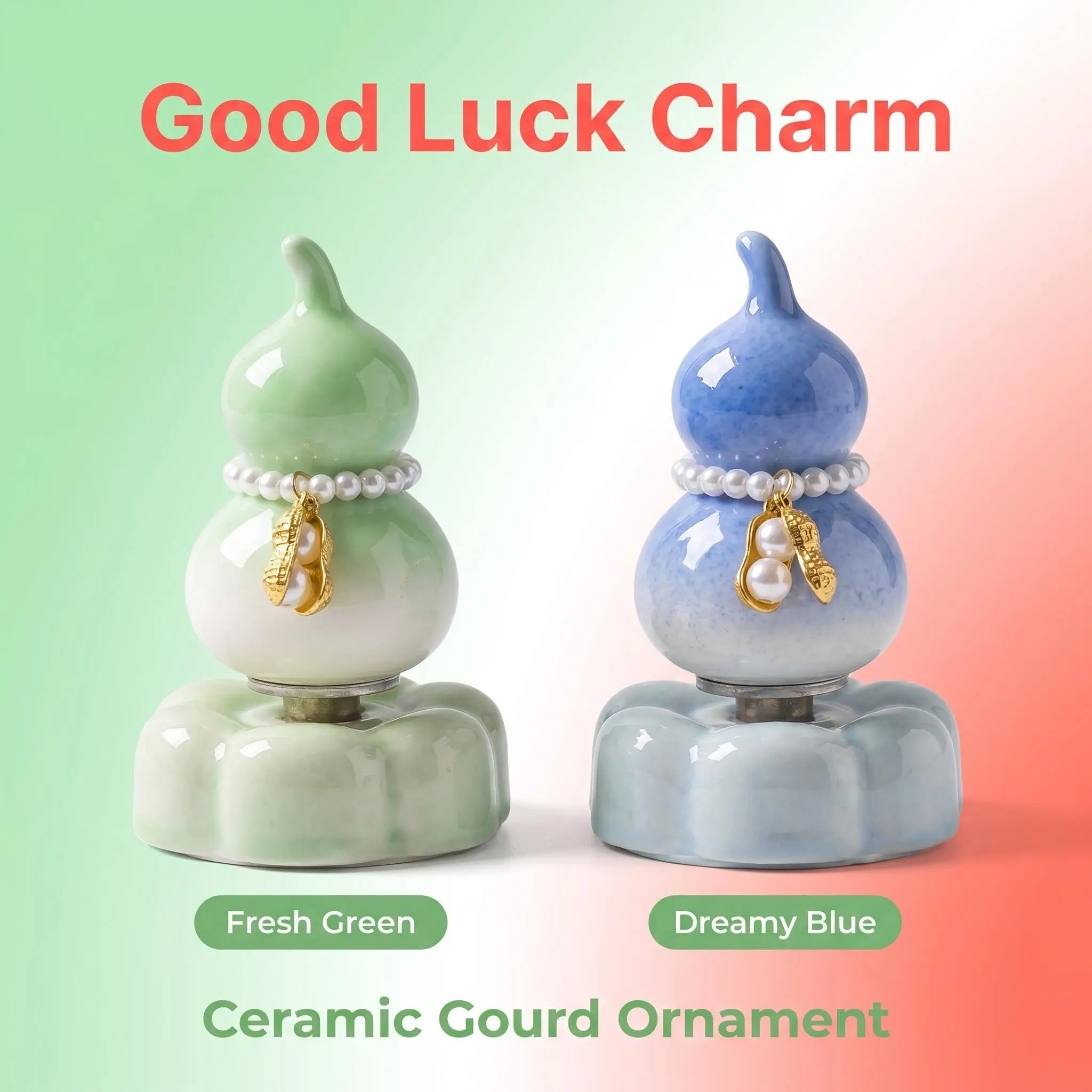 Glazed Ceramic Calabash Gourd Hanging Ornament with Elegant Pearl & Textured Golden Peanut Charm, Double Fulu & Good Fortune Auspicious Cultural Decor for Home & Car Interior