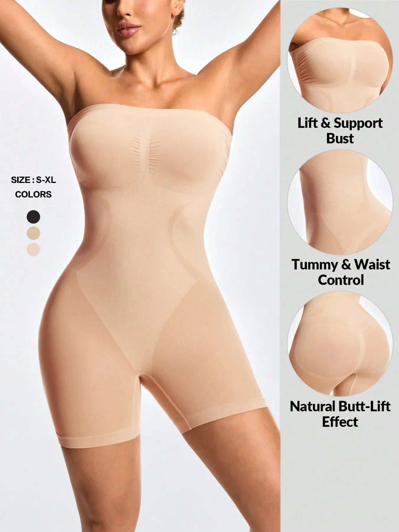 Ribbed Strapless Tube Top Full Body Shaper, Multi-Zone Contouring Undergarment, Lightweight Stretch Compression Bodysuit, Casual Style, Control Shapewear, Elastic Shapewear Bodysuit, Compression Girdle, Underwear