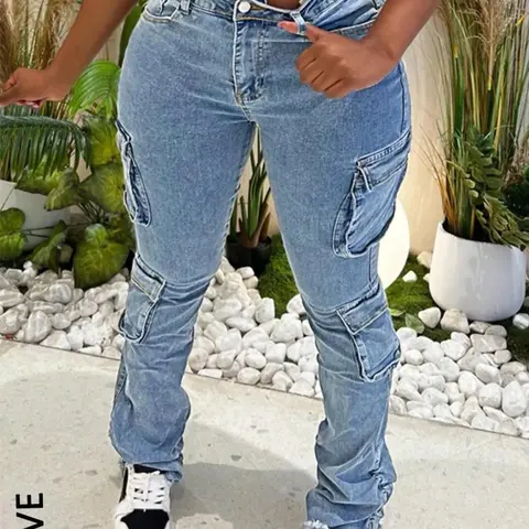 【Plus Size】 Solid Pocket Design Cargo Skinny Denim Jeans, Casual Comfy Jeans, Casual Fashion Basic Denim Pants for Daily Outdoor Wear, Fitted Curvy Streetwear Women Plus Clothing for All Seasons, Womenswear, Bottom, Casual Denim Trousers