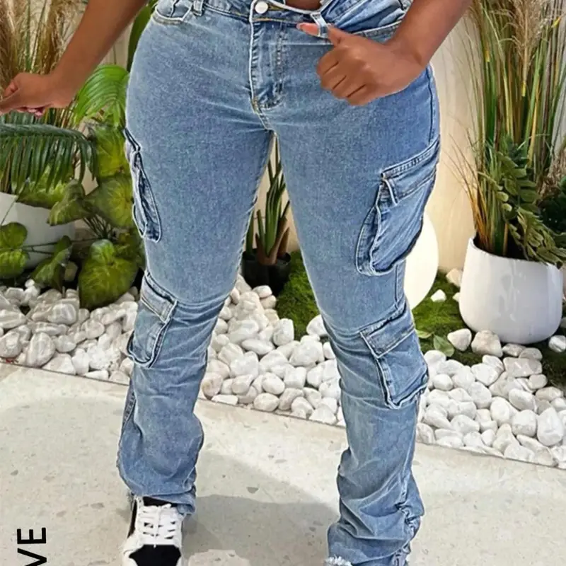 【Plus Size】 Solid Pocket Design Cargo Skinny Denim Jeans, Casual Comfy Jeans, Casual Fashion Basic Denim Pants for Daily Outdoor Wear, Fitted Curvy Streetwear Women Plus Clothing for All Seasons, Womenswear, Bottom, Casual Denim Trousers