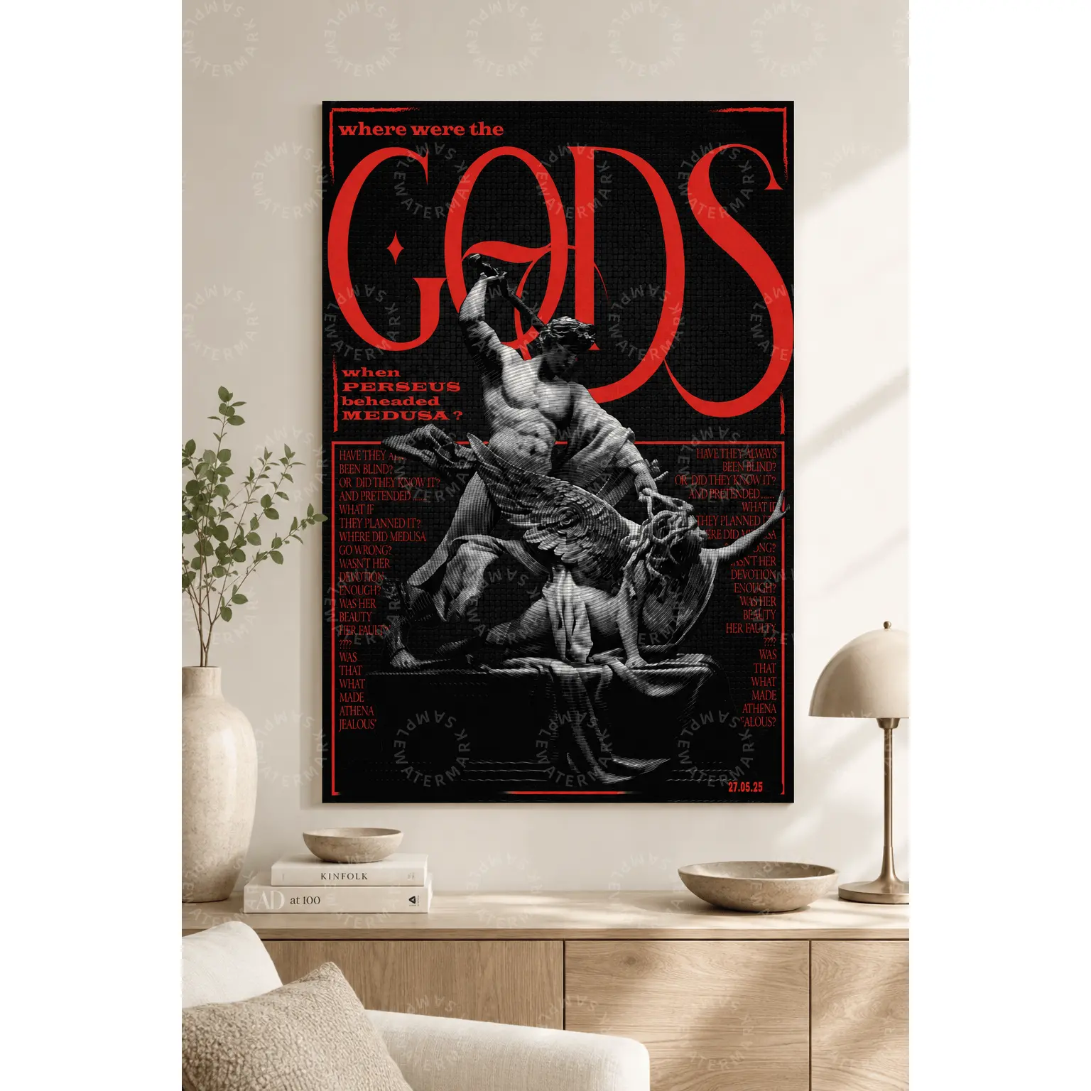 Black Red Mythology Poster, Ancient Greek Statue Art with Bold Typography, Medusa and Perseus Inspired Wall Art, Aesthetic Bedroom Wall Art, Living Room Decor, Office Wall Art, Gothic Modern Gift