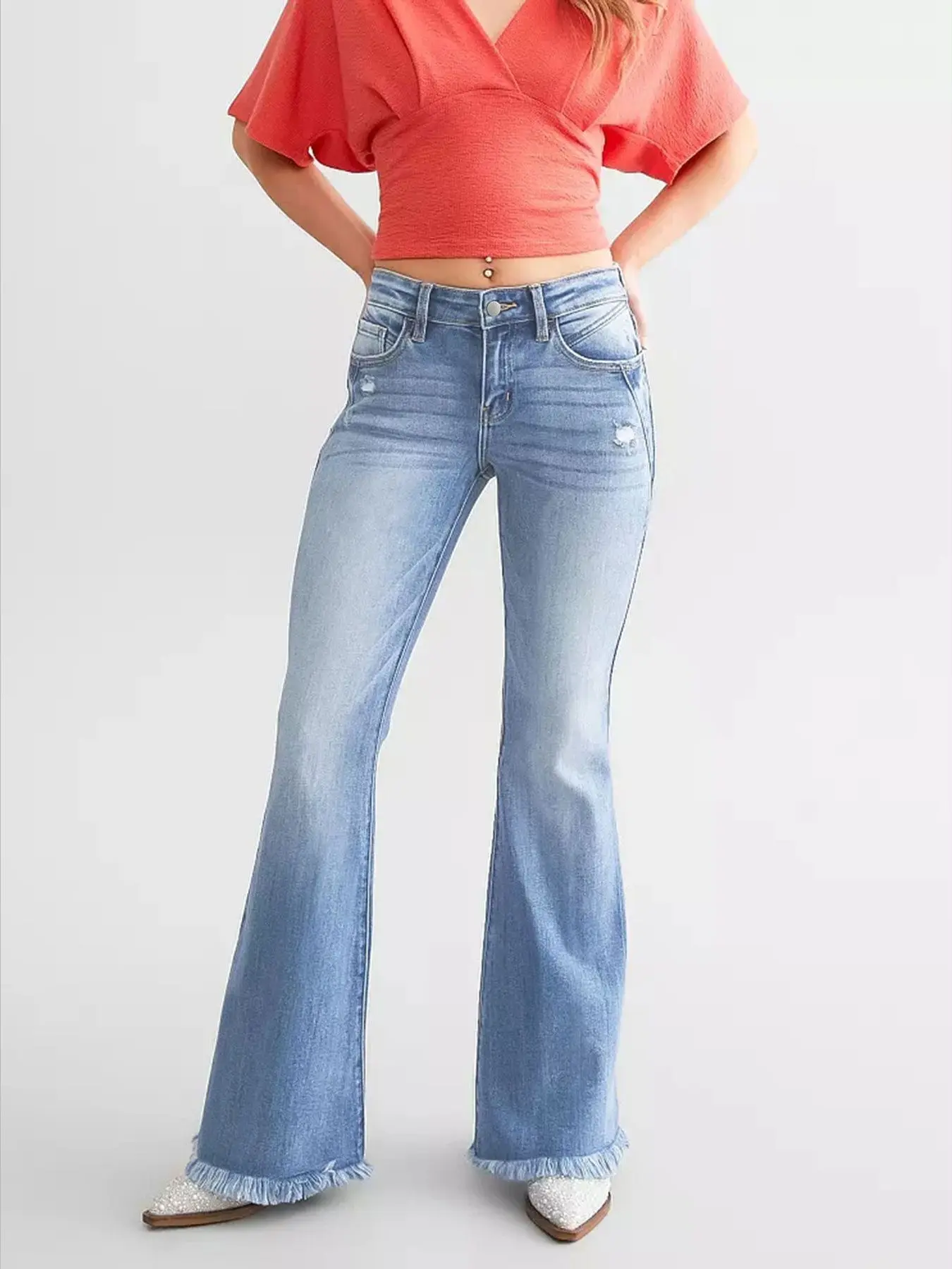 Women's Frayed Bell Bottom Jeans, Elastic Ruffled Hole Jeans, Comfortable Fashion Design, Perfect for Casual Wear, All Seasons