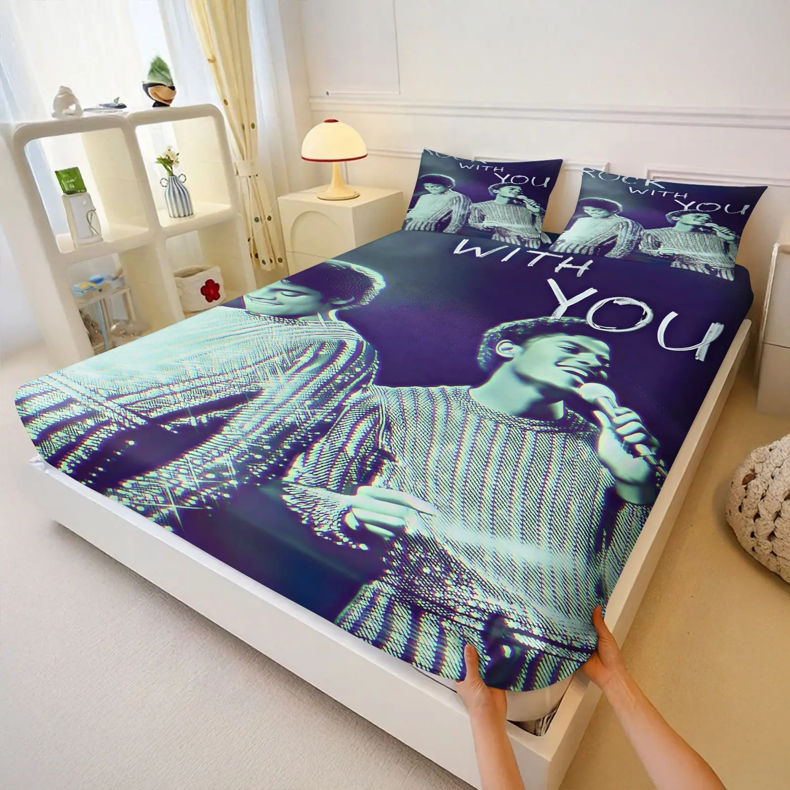 3Pcs King of Pop Michael Jackson Vintage Art All-over Print Fitted Sheet Set, Machine Washable Skin-Friendly Microfiber Fabric, Deep Pocket Mattress Protection Design, Wear-Resistant & Fade-Resistant, All-Season Bedroom Soft Furnishings