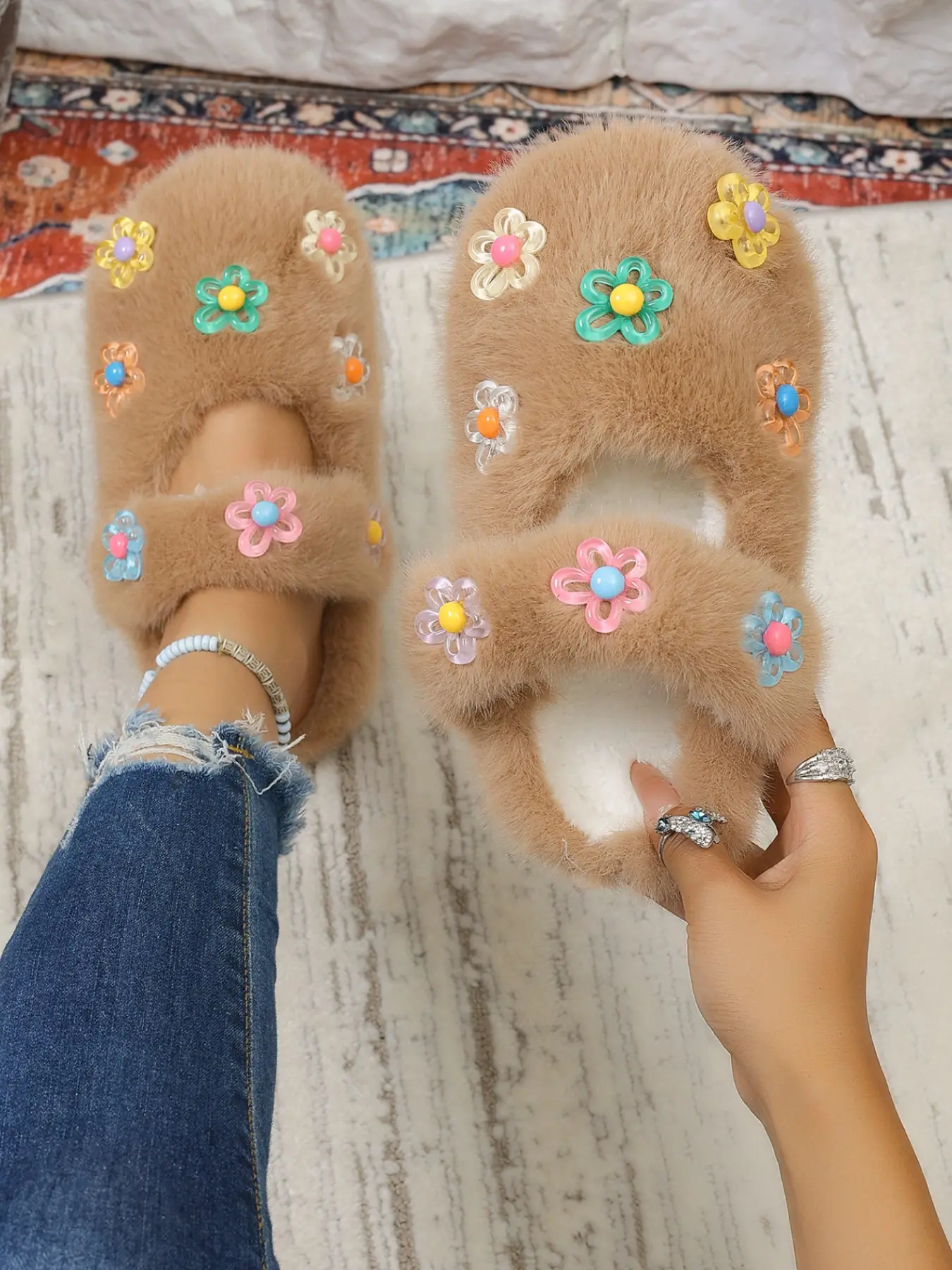 Colorful Floral Plush Slip-On Shoes for Women, Sweet Mary Jane Fuzzy Cotton Slippers, Soft Sole Home Footwear for Autumn Winter