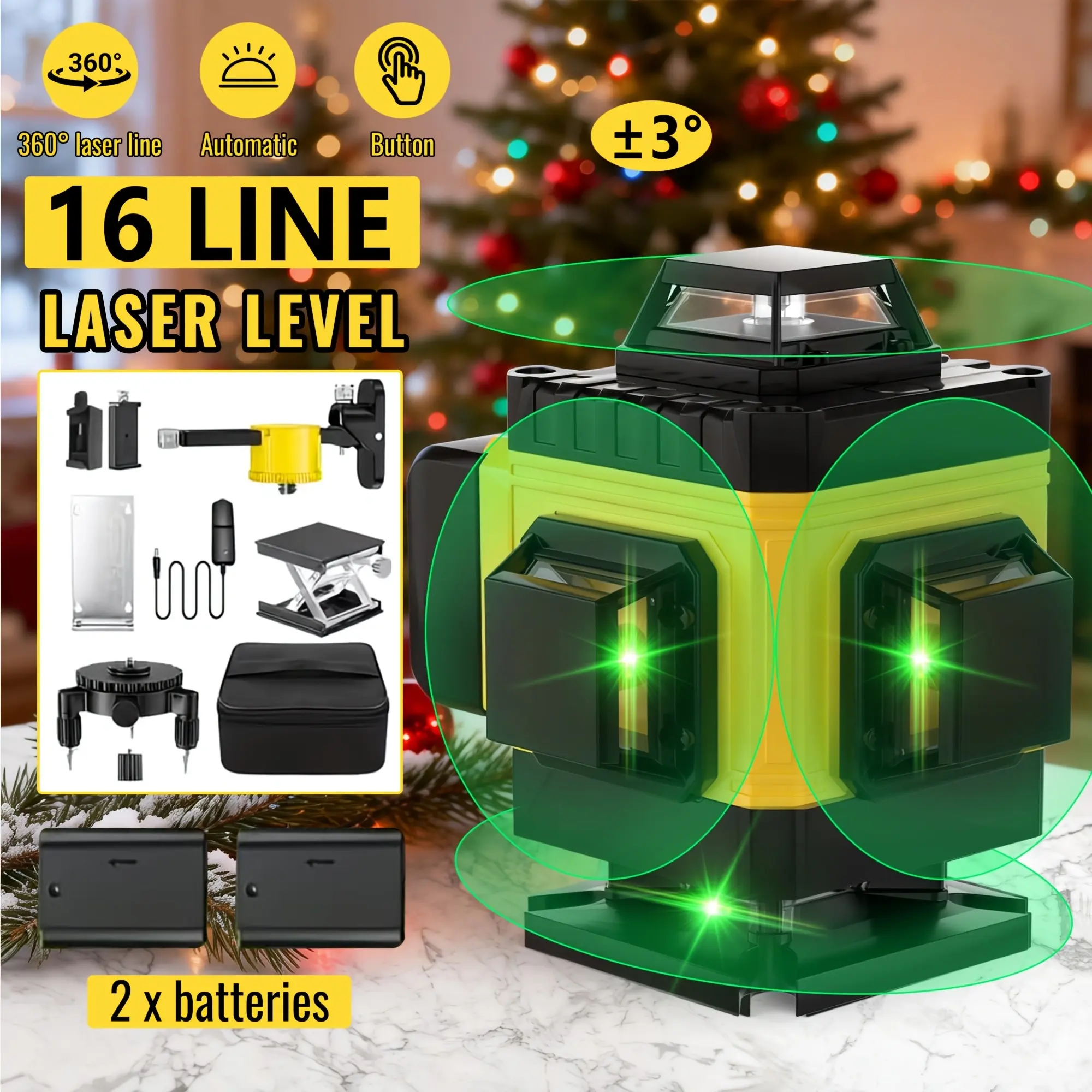 【Summerfinds】FIREHELP  16-Line Green Laser Level with 39.3"/49.2" Tall Tripod, 4x360° Self-Leveling, 2x2400mAh Type-C Rechargeable Batteries, Cross Line Laser Tool for Tile & Home Renovation, Cool Gifts for Dad Men Husband