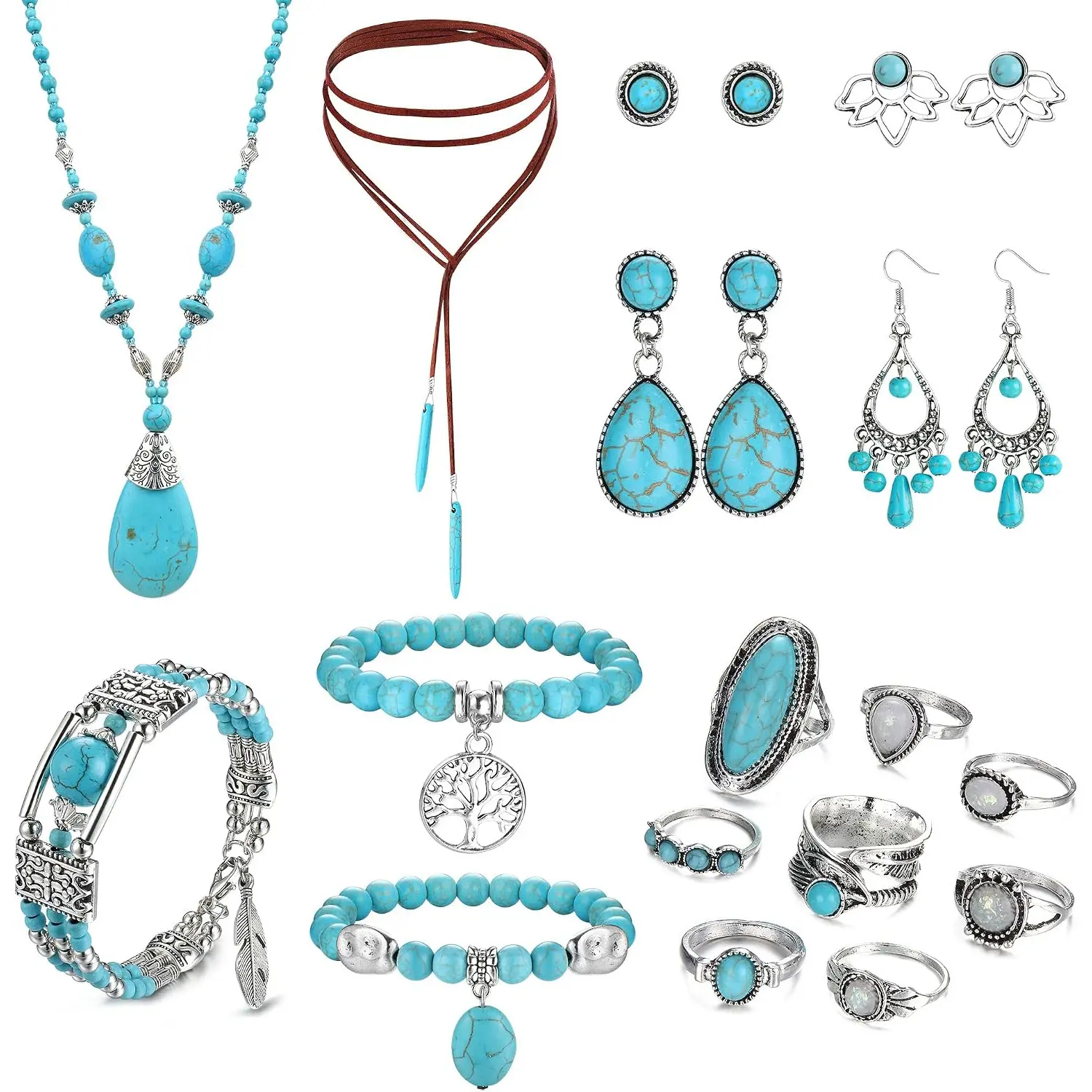 Florideco Bohemian Turquoise Jewelry Set Turquoise Pendant Necklace Turquoise Faux Leather Cuff Bracelet Turquoise Dangle Earrings Vintage Turquoise Knuckle Rings for Women