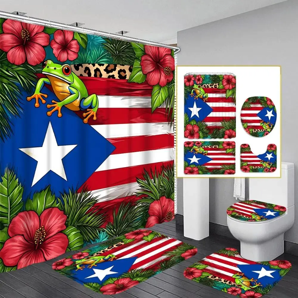 1PC/4PCS 2D flat Puerto Rico Flag Tropical Plants, Flowers, Multicolor patterned, Floral Shower Curtain for home bathroom decor, shower curtain set includes 12 hooks, non-slip bath mat, toilet seat cover