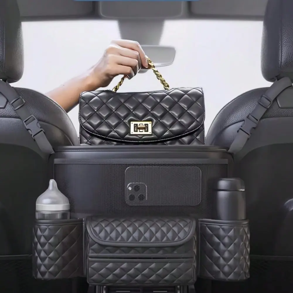 1PC Purse Holder for Car Between Front Seats, Large Capacity Faux Leather Car Organizer - Storage Bag with Mesh Pockets, Cup Holder, Tissue Box, Car Seat Storage Bag for Car Central Console