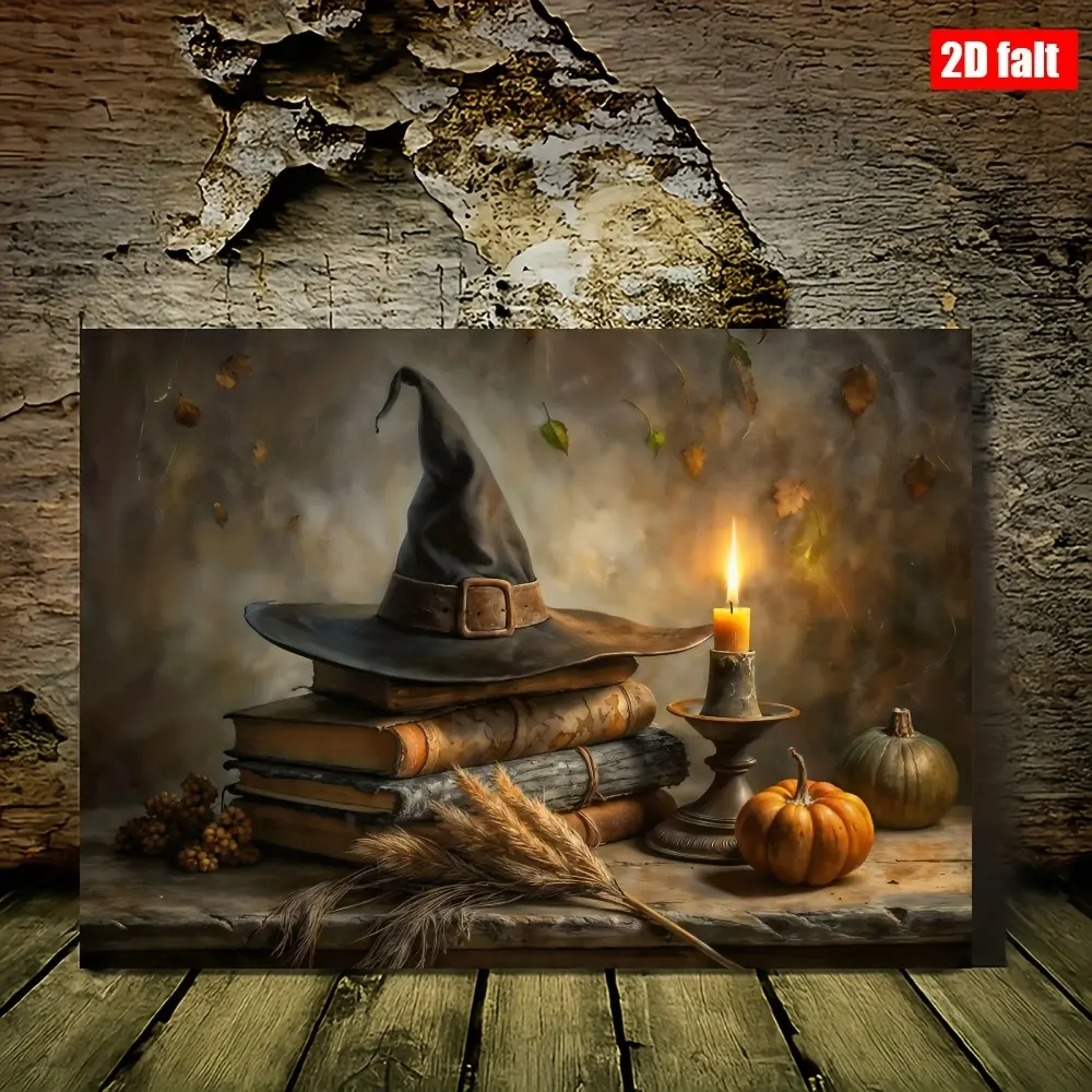2D flat design; stylish, retro, dark Gothic aesthetic; featuring a witch's hat and books; Halloween-themed framed print poster; wall art and home decor.