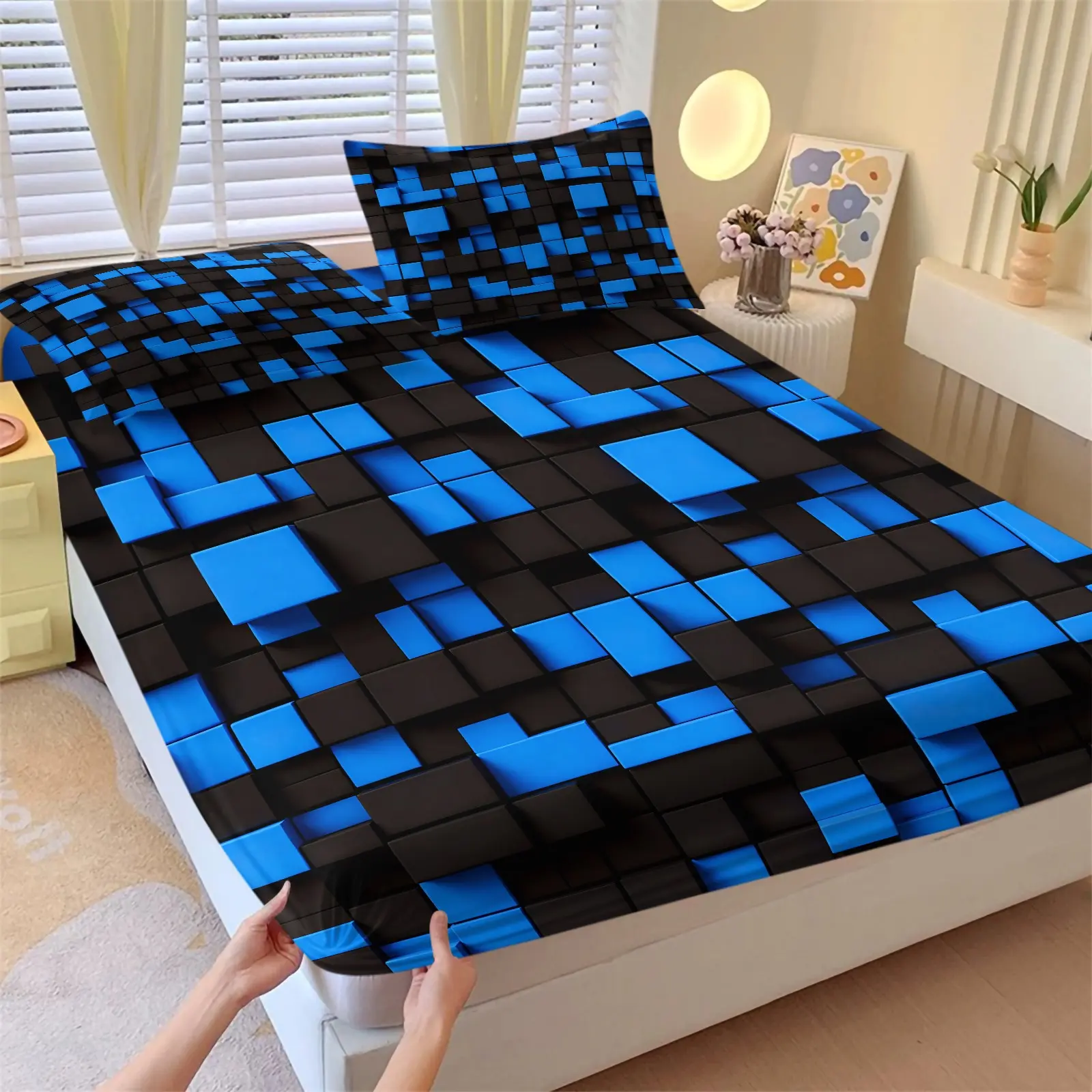 3PCS Blue Black 3D Optical Illusion Cube Fitted Sheet Set (1 Fitted Sheet + 2 Pillowcases), Deep Pocket Up To 12 Inch, Machine Washable, Elastic Breathable Bedding, HD Printed All-Season Decor, Cool Gift For Teens & Geometric Art Lovers