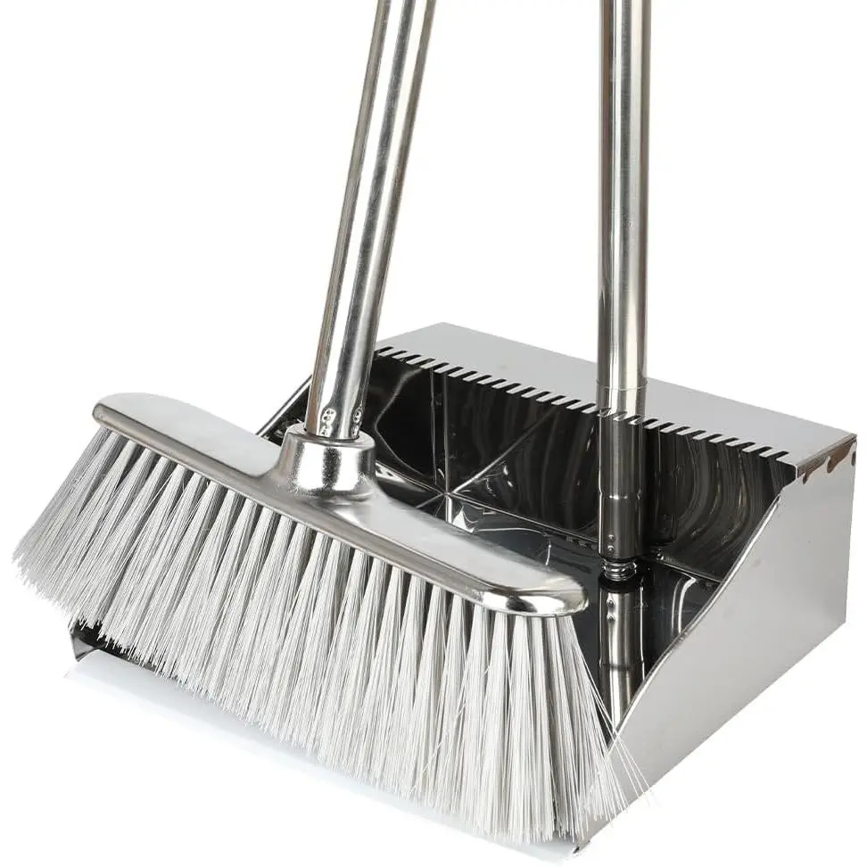 Metal Dustpan with Broom Set, Long Handle Stainless Steel Dustpan, Heavy Duty Standing Dust Pan with Teeth for Indoor and Outdoor Use in Home Kitchen Lobby Room OfficeGift