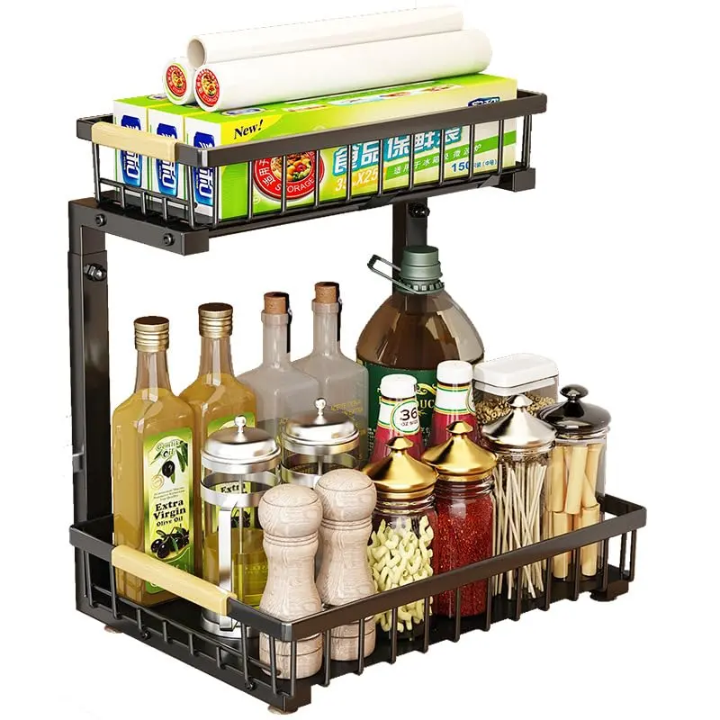 Adjustable 2-Tier Under Basin Organizer Rack - L-Shaped Sliding Carbon Steel Shelf with Suction Cups - Space-Saving Storage for Kitchen or Bathroom Cabinets - Adjustable Height 16.5-19.2 inches