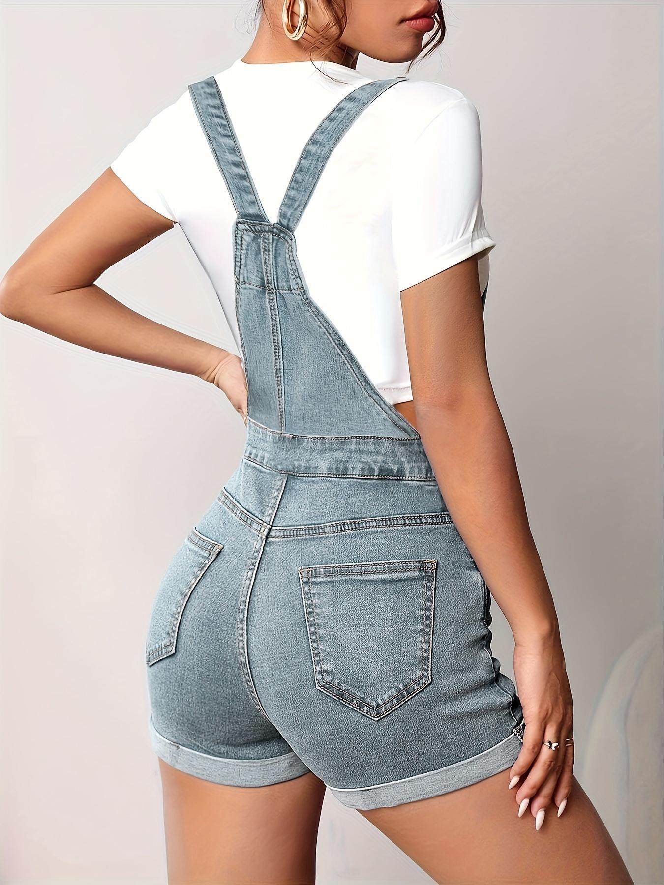 Women's Solid Color Button Fly Denim Overalls, Casual Chic Comfy Skinny Overalls for Daily Wear, Ladies Clothes for Summer